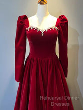 A Line Long Sleeves Red Velvet Semi Formal Prom Dresses